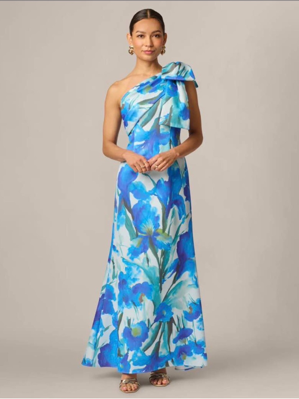 New with Tags Size 4P Blue Floral One-Shoulder Maxi Dress with Bow Accent